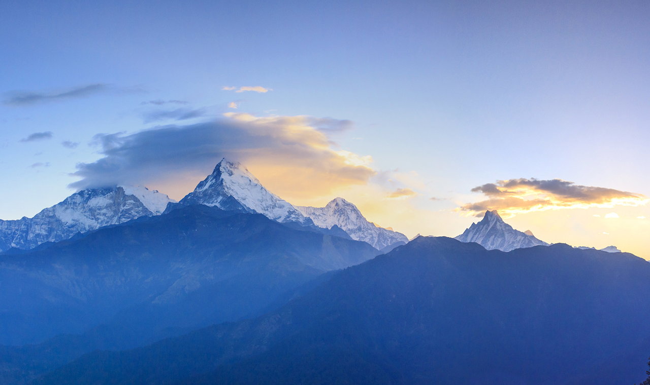Annapurna mountain range and panorama sunrise view from Poonhill, famous trekking destination in Nepal.
